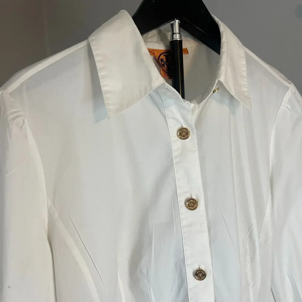 Tory Burch Women’s Size 8 White Button Down Shirt Gold Logo Buttons Blouse